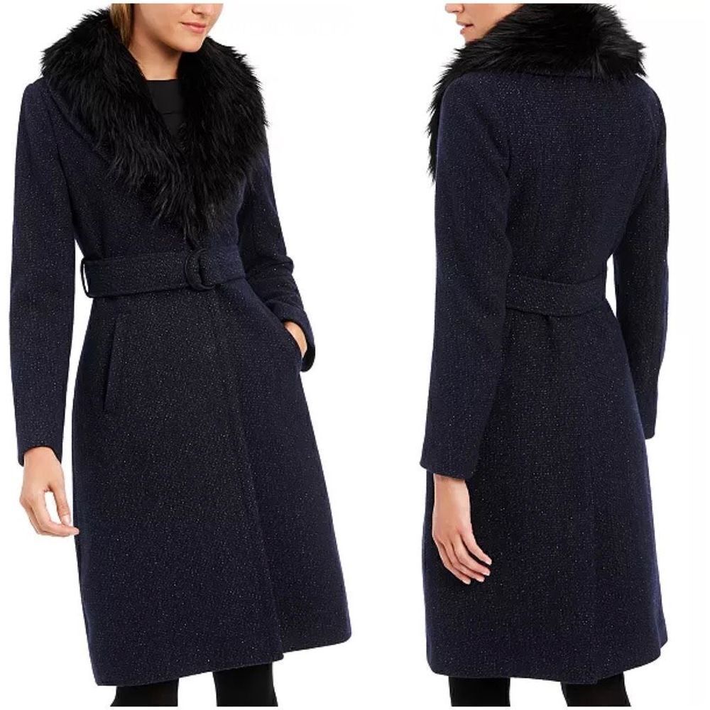 Guess - Faux-Fur-Collar Belted Walker Coat